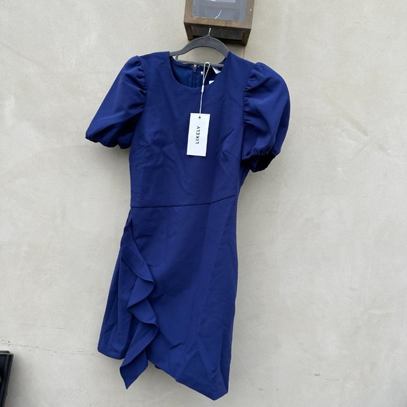 Likely Malta Bodycon Mini Dress Blue Asymmetric Ruffle Skirt Puff Sleeves Sz 6 - Picture 5 of 9
